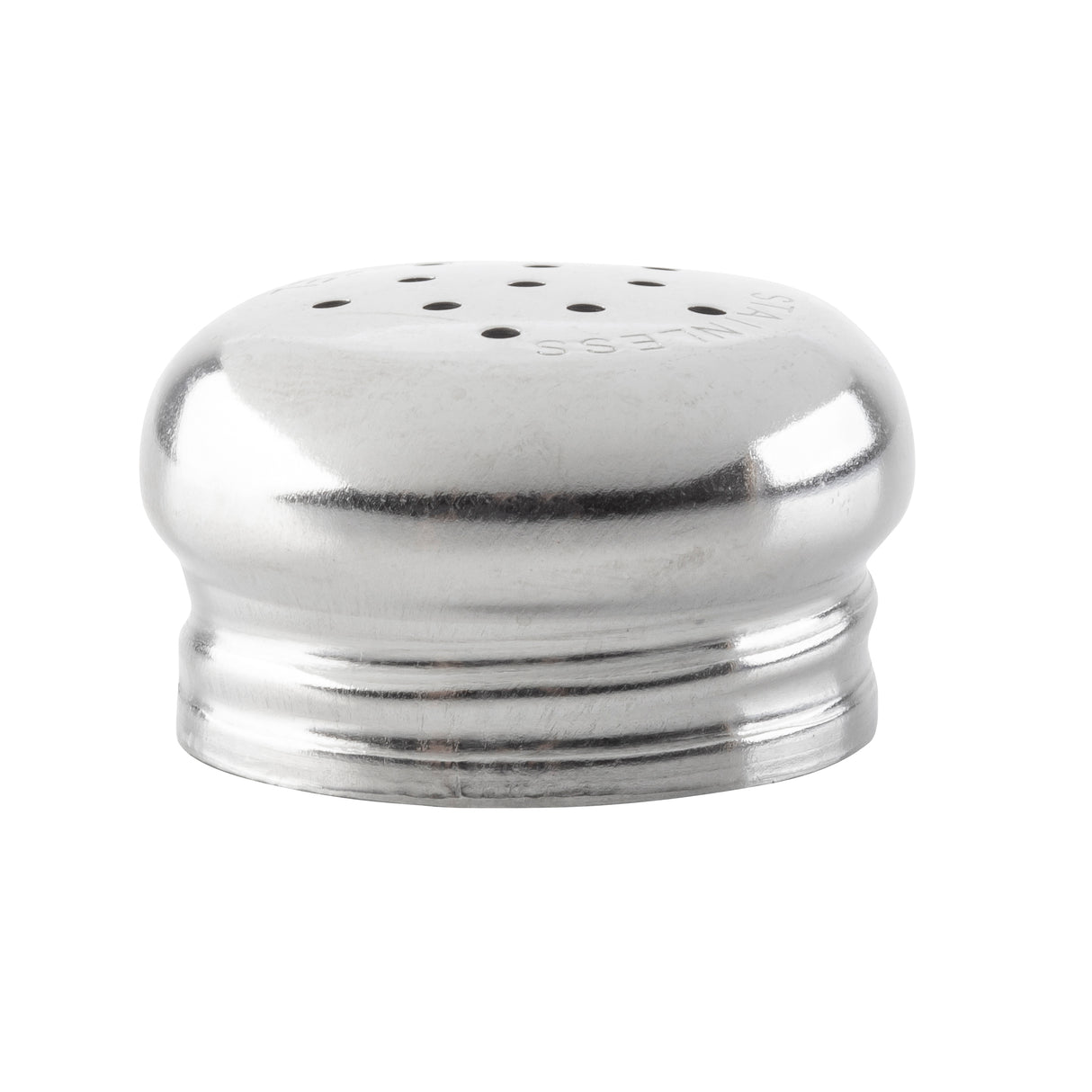 A shiny, metallic TableCraft 156T replacement shaker top with multiple holes on top, photographed against a white background. This round salt and pepper shaker lid features smooth edges and a slightly ridged base.