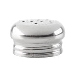 A shiny, metallic TableCraft 156T replacement shaker top with multiple holes on top, photographed against a white background. This round salt and pepper shaker lid features smooth edges and a slightly ridged base.
