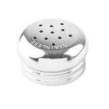 A shiny, round stainless steel TableCraft 156T replacement shaker top with multiple small holes and the word STAINLESS engraved on the surface, perfect for your salt and pepper shaker, photographed on a white background.