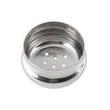A shiny, round metal lid with smooth sides and six evenly spaced holes in the flat top surface, shown from an angled top view on a white background. The inner threads suggest it’s a replacement shaker top for a salt and pepper shaker like the TableCraft 156T.