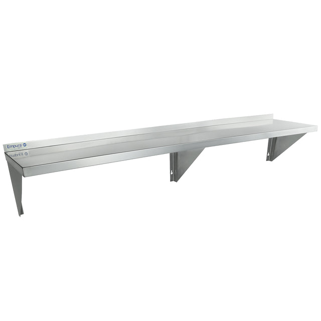 A long, NSF stainless steel wall mount storage shelf with a raised rear edge, supported by two triangular brackets. The clean, brushed finish makes it ideal for commercial kitchens or storage areas.