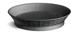 A round, gray, plastic platter basket with a wide, flared rim and a grid pattern on the sides. The inside is smooth and empty, set against a white background. This container is both dishwasher safe and heat resistant.
