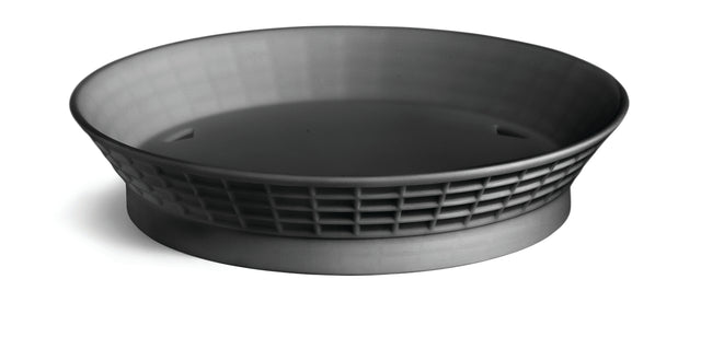 A round, gray, plastic platter basket with a wide, flared rim and a grid pattern on the sides. The inside is smooth and empty, set against a white background. This container is both dishwasher safe and heat resistant.