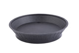 A round, black platter basket made of plastic with a textured grid pattern on the sides and a smooth, flat interior. This heat resistant container is empty and photographed against a white background.