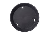 A round, black plastic serving tray is shown from above. The heat resistant tray features three small, evenly spaced triangular cutout handles near the rim and a smooth, slightly textured surface. The background is white.