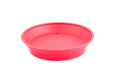 A bright red, round, plastic bowl with a waffle-textured exterior and smooth interior, photographed on a white background. This heat resistant bowl features a wide opening, gently sloping sides, and a slightly raised rim.