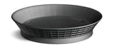 A wide, round, matte black plastic platter basket with a flared, shallow design. Heat resistant and NSF certified, its sides feature a grid-like pattern of square holes while the solid base sits on a white background, casting a soft shadow.