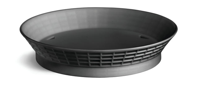 A wide, round, matte black plastic platter basket with a flared, shallow design. Heat resistant and NSF certified, its sides feature a grid-like pattern of square holes while the solid base sits on a white background, casting a soft shadow.