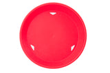 A bright red polypropylene Diner Platter by TableCraft, featuring a smooth surface and three small, evenly spaced triangular cutout handles near the edge, shown on a white background.