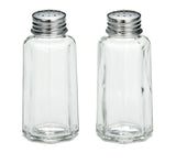 Two empty, clear paneled glass Salt/Pepper Shaker jars with stainless steel tops, each lid featuring several small holes. The hexagonal shakers stand upright side by side against a white background.