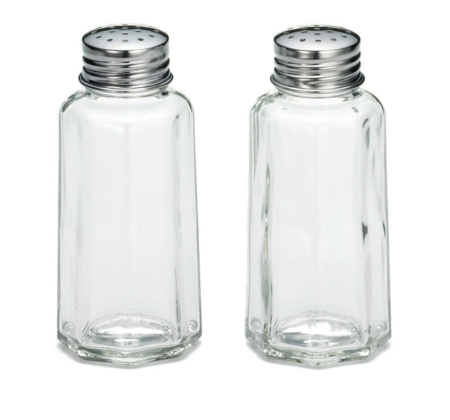 Two empty, clear paneled glass Salt/Pepper Shaker jars with stainless steel tops, each lid featuring several small holes. The hexagonal shakers stand upright side by side against a white background.