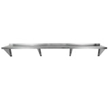 A long, silver NSF stainless steel wall mount storage shelf with three angled support brackets underneath. The shelf features a small upturned lip at the back edge and is photographed against a plain white background.