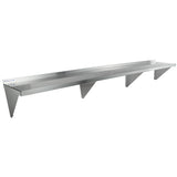 A long stainless steel shelf, NSF certified, with three triangular support brackets beneath, a raised back edge, and a smooth flat surface—perfect wall mount storage shelf for commercial kitchens or industrial use. Shown against a plain white background.