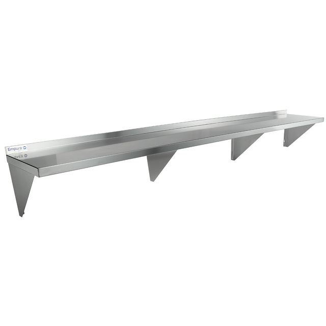 A long stainless steel shelf, NSF certified, with three triangular support brackets beneath, a raised back edge, and a smooth flat surface—perfect wall mount storage shelf for commercial kitchens or industrial use. Shown against a plain white background.