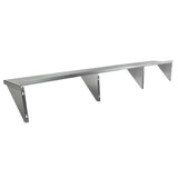 A long, stainless steel shelf with a smooth surface, supported by four triangular metal brackets for heavy-duty storage or display; this NSF wall mount storage shelf is ideal for kitchens, garages, or industrial settings.