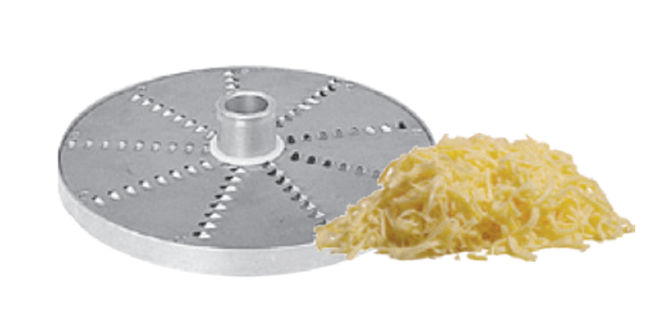 A Hobart 3/8" shredder plate is shown with evenly spaced holes next to a small pile of shredded yellow cheese, both placed on a plain white background.