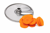 A Hobart stainless steel 1/8" fine slicing plate is shown beside a small pile of evenly sliced orange carrot rounds on a white background. The metal circular blade features sharp, angled cutting edges and a central hole.