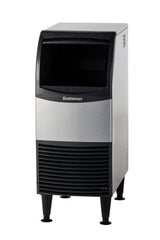A silver and black Scotsman ice maker stands on four legs. It has a top opening for ice retrieval, a vented lower front panel, and a smooth stainless steel exterior. This tall, rectangular ADA compliant ice maker is ideal for restaurants or bars.