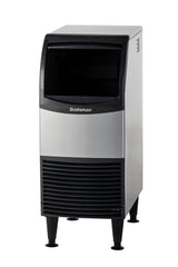 A stainless steel Scotsman ice maker with a black top, vented front panel, and four black legs. This commercial ice machine features a dispenser opening at the top front and the Scotsman logo centered below, pictured against a white background.