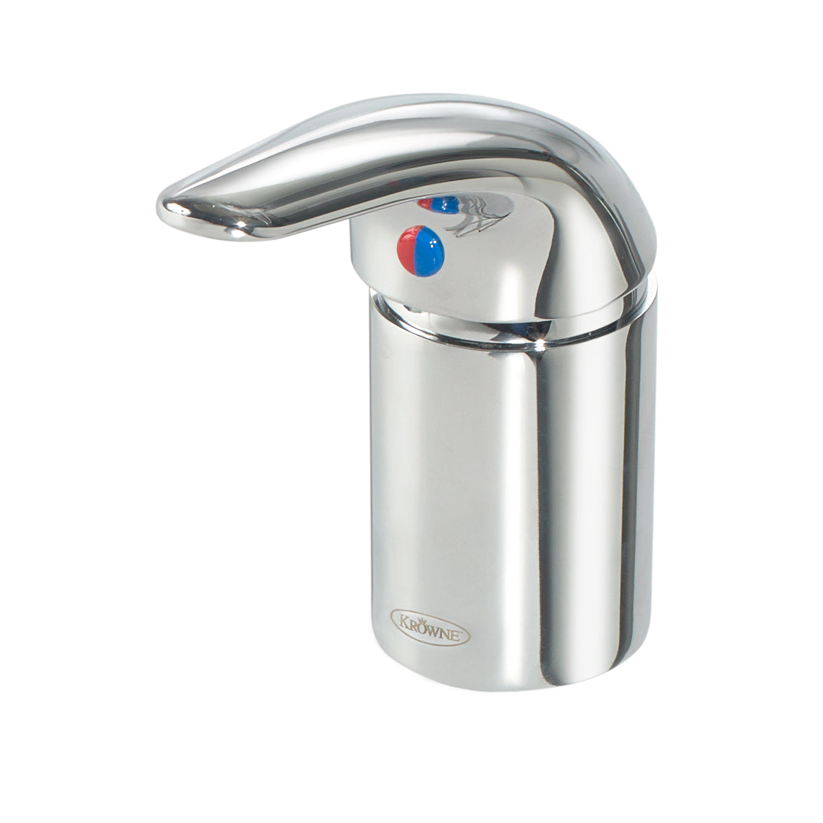 A chrome-plated Krowne Royal Series Faucet with a single handle and rounded design. Featuring a durable ceramic cartridge valve, the deck-mount faucet displays blue and red markers and the Krowne name on its cylindrical base, isolated on white.