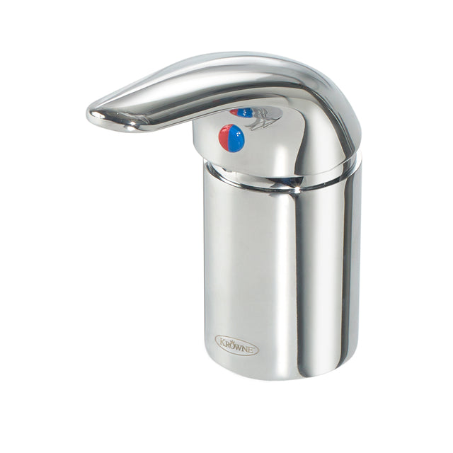 A chrome-plated Krowne Royal Series Faucet with a single handle and rounded design. Featuring a durable ceramic cartridge valve, the deck-mount faucet displays blue and red markers and the Krowne name on its cylindrical base, isolated on white.