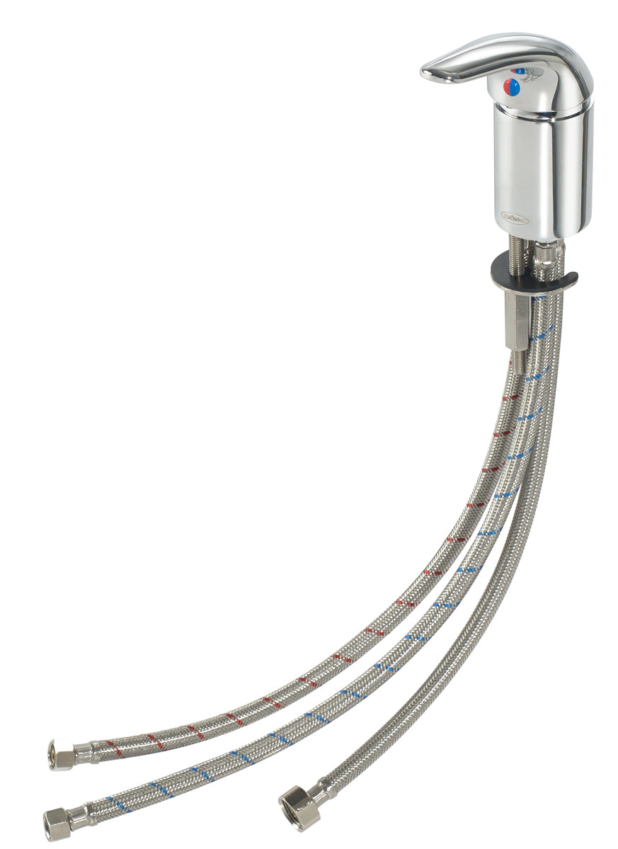 A chrome deck-mount faucet features a single handle atop a cylindrical base with blue and red temperature indicators. Two braided metal supply hoses extend downward, and the faucet includes a durable ceramic cartridge valve.