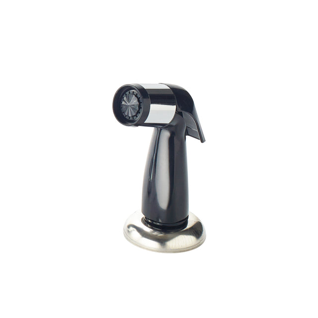A black and silver culinary torch stands upright on a round metal base, isolated against a white background. Its curved handle and sturdy design echo the durability of Diamond Series Faucets, perfect for caramelizing sugar or searing food.