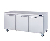 A sleek, modern stainless steel commercial refrigerator with three swing doors, a flat top, and four caster wheels. The control panel with digital display sits on the top right corner—ideal for any kitchen, food service, or as an undercounter refrigerator.