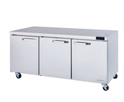 A sleek, modern stainless steel commercial refrigerator with three swing doors, a flat top, and four caster wheels. The control panel with digital display sits on the top right corner—ideal for any kitchen, food service, or as an undercounter refrigerator.