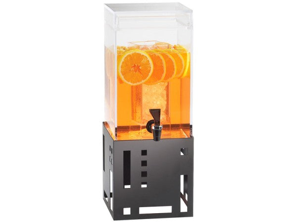 A clear 1.5 gallon BPA free beverage dispenser filled with orange liquid and orange slices sits atop a modern black metal stand with geometric cutouts. The dispenser features a spigot near the bottom for easy pouring.