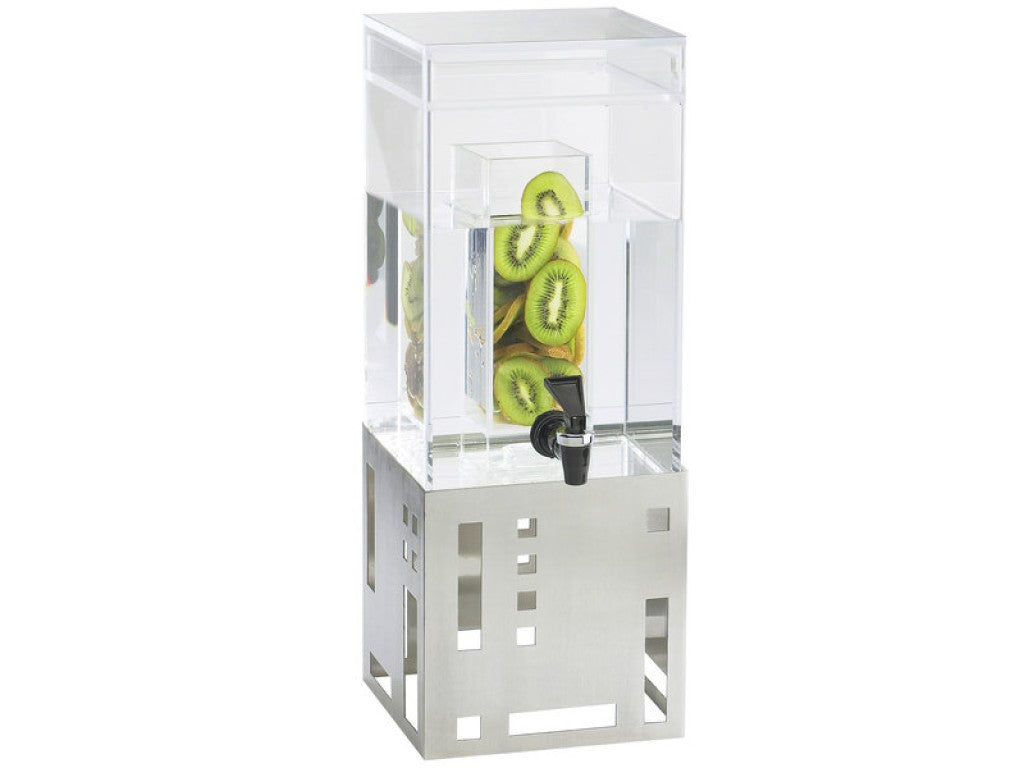 A BPA free rectangular beverage dispenser with a modern silver metal base, filled with water and sliced kiwis in the central infusion chamber. It features a black spigot at the front for easy pouring.