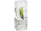 A BPA free rectangular beverage dispenser with a modern silver metal base, filled with water and sliced kiwis in the central infusion chamber. It features a black spigot at the front for easy pouring.