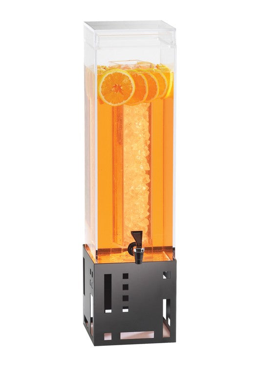 A tall, clear 3 gallon beverage dispenser filled with orange liquid and ice, garnished with orange slices at the top. It features a black geometric metal stand and a small BPA Free black spigot near the bottom for easy dispensing.