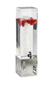 A tall, clear 3 gallon beverage dispenser with floating strawberries and ice in a central column, featuring a stylish stainless steel base with cutout patterns and a black spigot for easy drink serving.