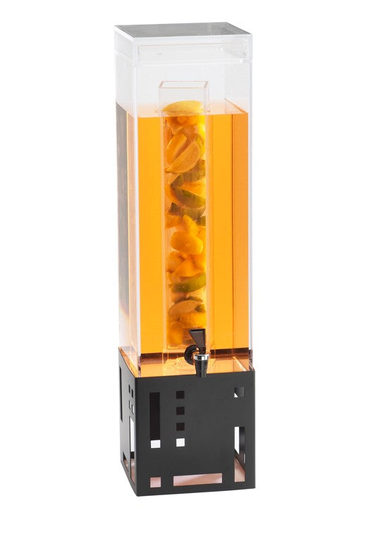 A tall, clear BPA Free beverage dispenser filled with orange liquid and visible orange and green fruit slices inside an infusion chamber. The dispenser has a black geometric base and a small spout near the bottom for pouring.