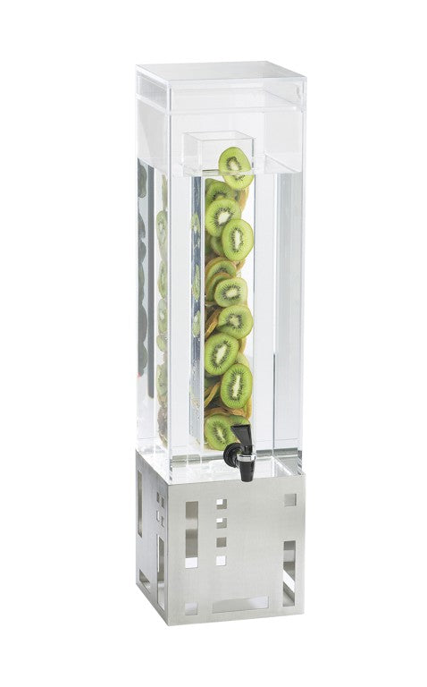 A tall, clear beverage dispenser with a BPA free infusion chamber and a square base features a spigot at the front. Sliced kiwifruit are stacked vertically inside, while the modern silver base displays a striking geometric cut-out pattern.