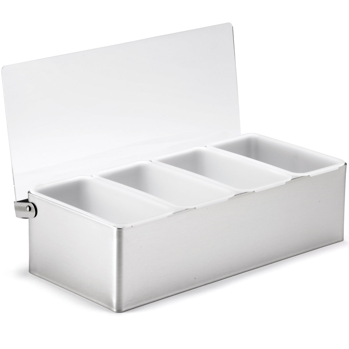 A stainless steel condiment holder with four white rectangular compartments and a transparent hinged lid, partially open. This dishwasher safe holder is perfect for organizing or serving condiments in kitchens or bars.