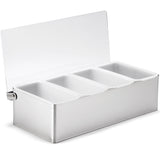 A stainless steel condiment holder with four white rectangular compartments and a transparent hinged lid, partially open. This dishwasher safe holder is perfect for organizing or serving condiments in kitchens or bars.