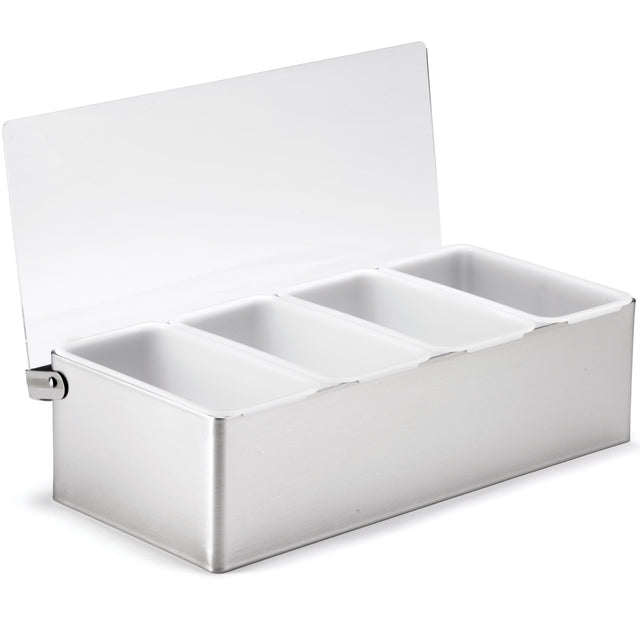 A stainless steel condiment holder with four white rectangular compartments and a transparent hinged lid, partially open. This dishwasher safe holder is perfect for organizing or serving condiments in kitchens or bars.