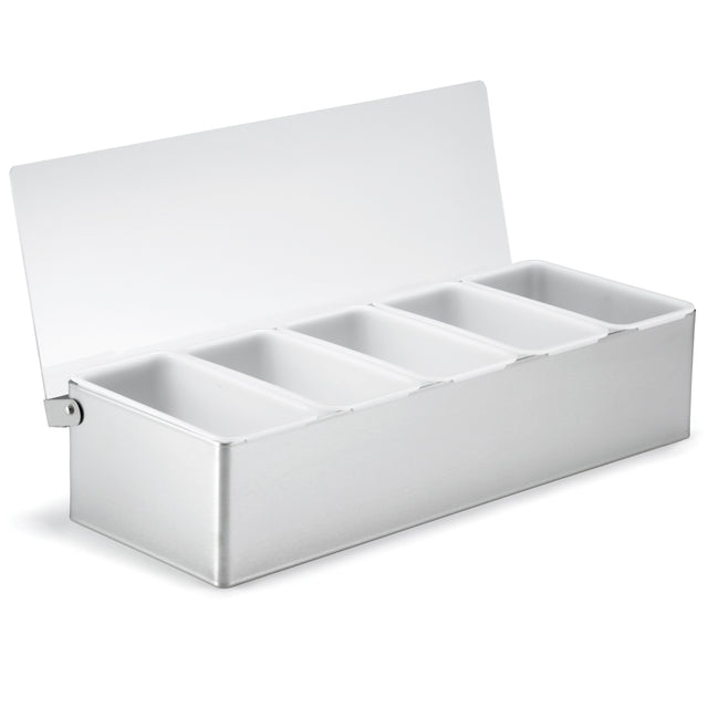 A rectangular stainless steel condiment holder with a hinged lid stands open, displaying five separate white plastic, dishwasher safe compartments for organized storage of garnishes or condiments, commonly used in bar or food service settings.