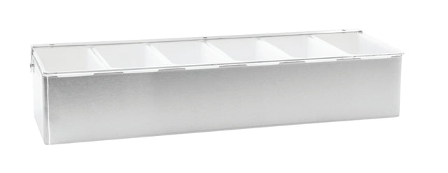 A stainless steel condiment holder with a hinged clear lid features 6 compartments for organizing items. The sleek rectangular design and evenly spaced white plastic inserts make it ideal for efficient storage. Background is plain white.