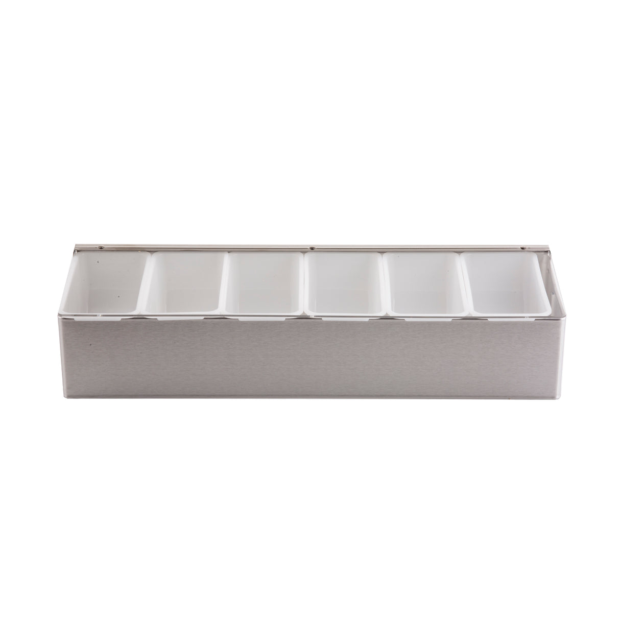 A sleek, modern stainless steel condiment holder with 6 compartments is shown from the front against a white background. Each clear plastic compartment is empty, highlighting the holder's stylish and practical design.