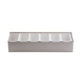 A sleek, modern stainless steel condiment holder with 6 compartments is shown from the front against a white background. Each clear plastic compartment is empty, highlighting the holder's stylish and practical design.