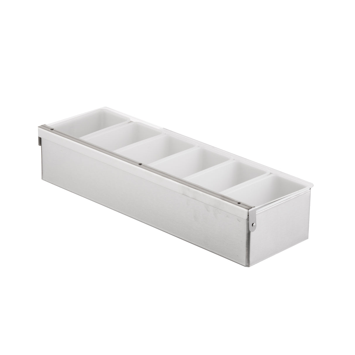 A rectangular stainless steel condiment holder with six white plastic compartments, viewed at an angle on a white background. Perfect for organizing garnishes or toppings, this versatile organizer is ideal for kitchens or bars.
