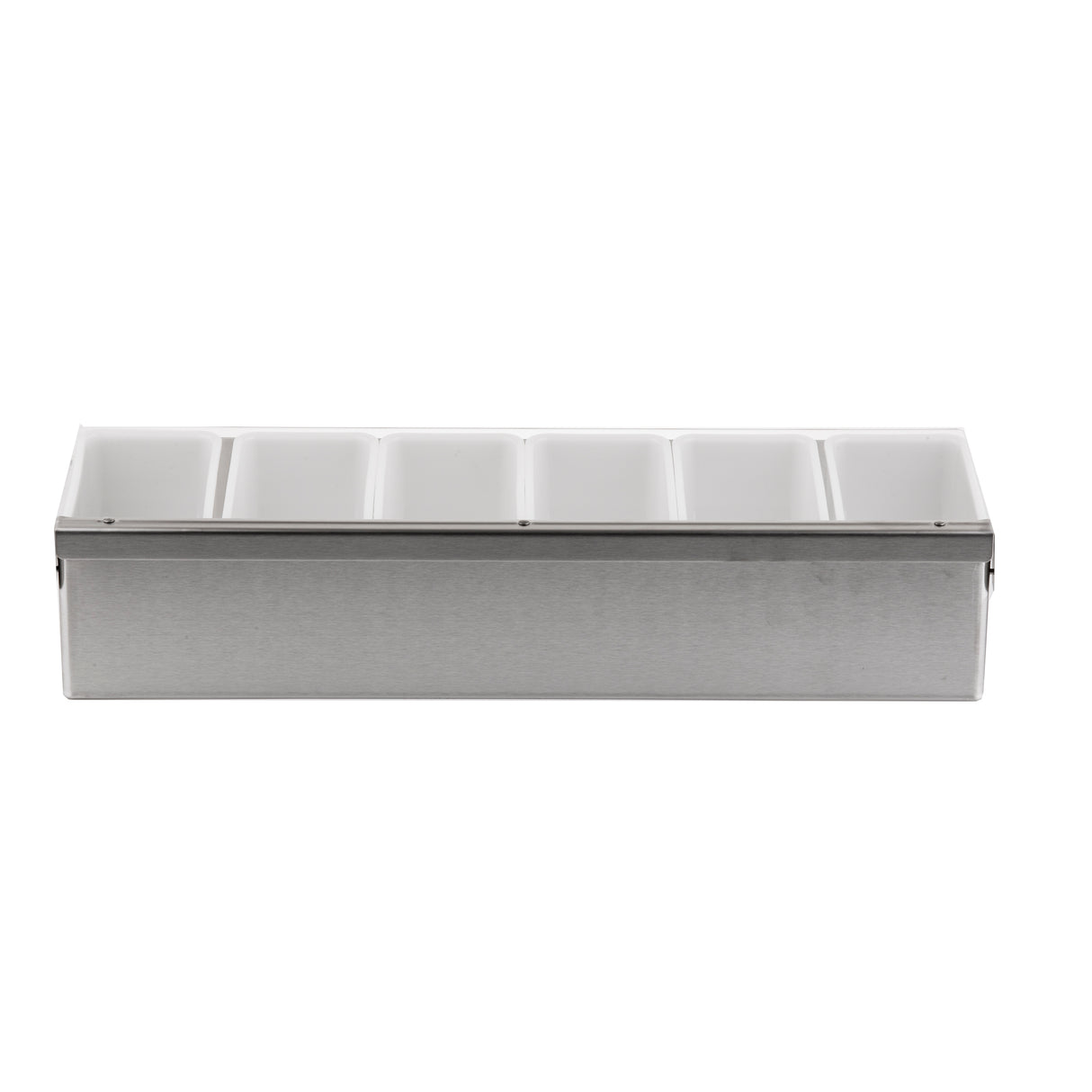A stainless steel 6 compartment condiment holder with clear plastic sections and a hinged transparent lid, shown from the front against a white background.