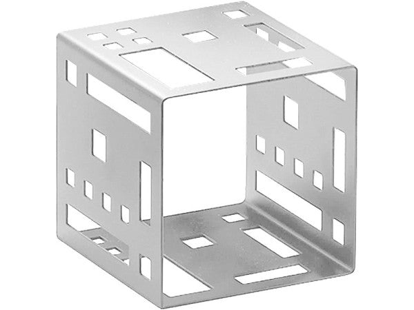 A metallic Cube Riser with geometric cutouts on each surface. Its sleek, stainless steel finish and modern, industrial design stand out against the plain white background.