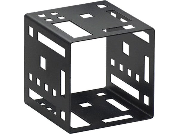 A black metal Squared Cube Riser with decorative geometric cutouts creates modern, abstract appeal. The hollow cube’s unique rectangular and square openings cast intriguing shadows against a clean white background.