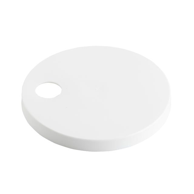 A plain, round, flat white plastic disc with a small circular hole near the edge, shown on a white background. The solid, smooth disc features a snap cap design and is dishwasher safe for easy cleaning.