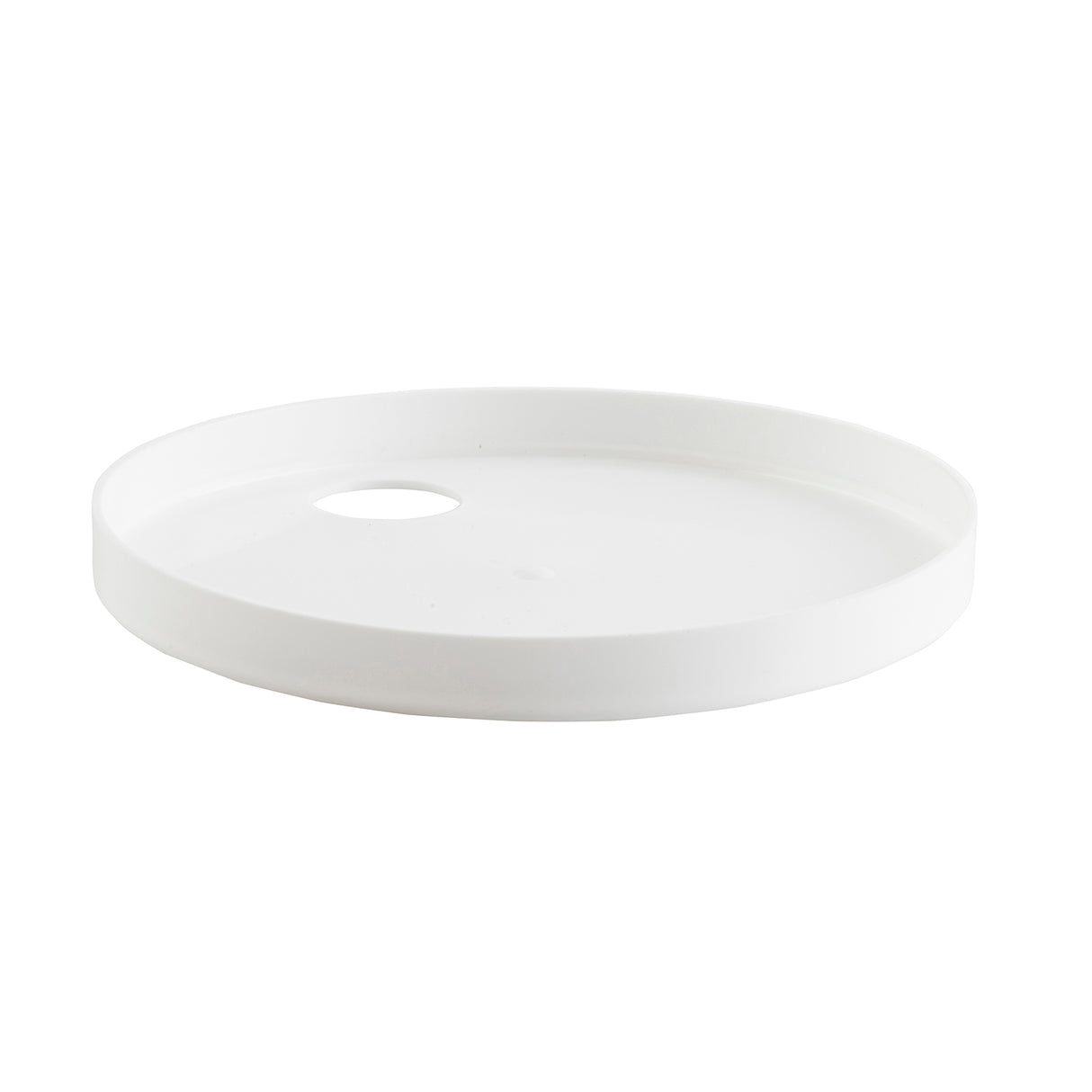 A round, white, flat tray with a raised edge and a single circular cutout near the side. The minimalist tray is dishwasher safe and is shown on a white background.