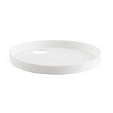 A round, white, flat tray with a raised edge and a single circular cutout near the side. The minimalist tray is dishwasher safe and is shown on a white background.